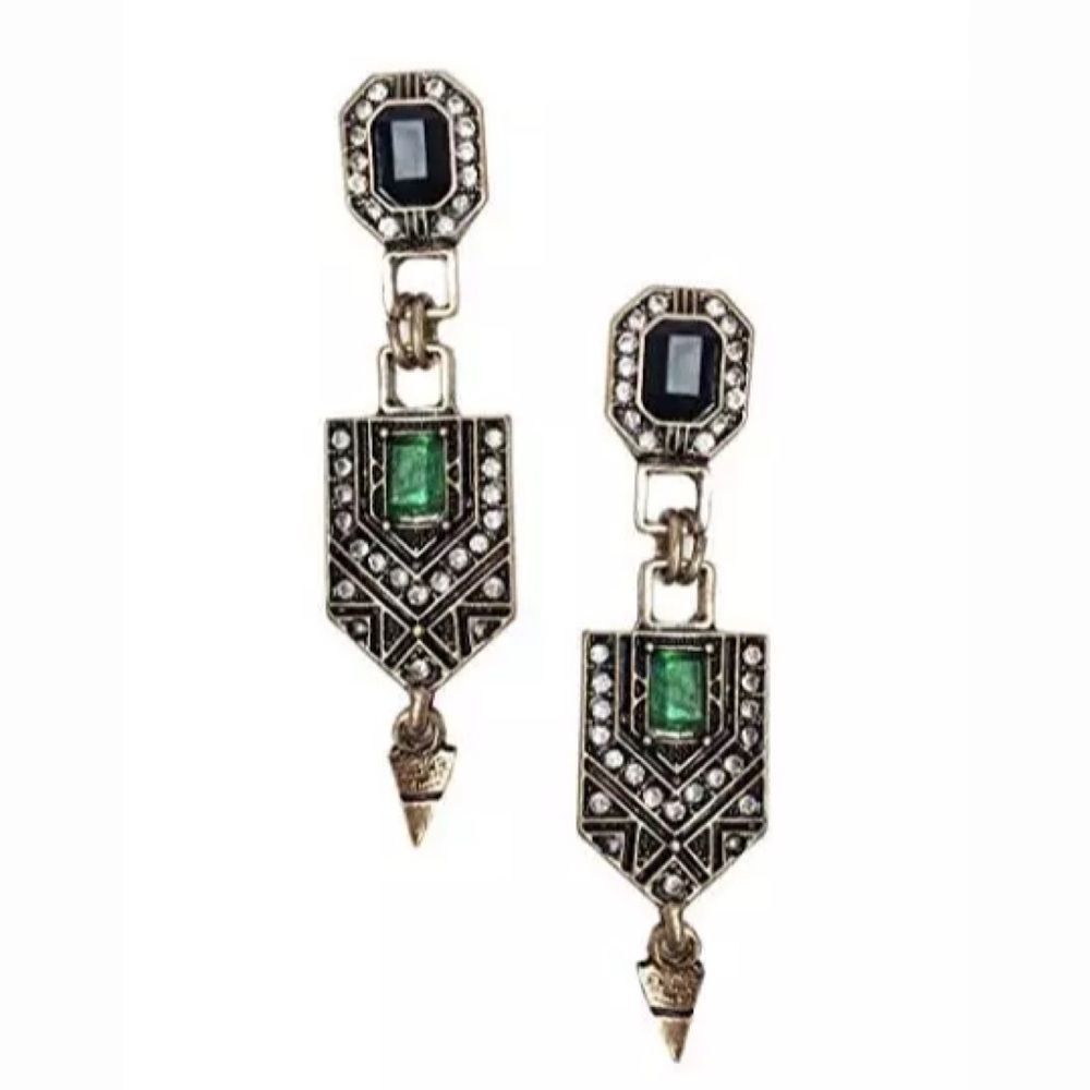 💎163💎 Art Deco Inspired Geometric Emerald Green Crystal Goldtone Earrings